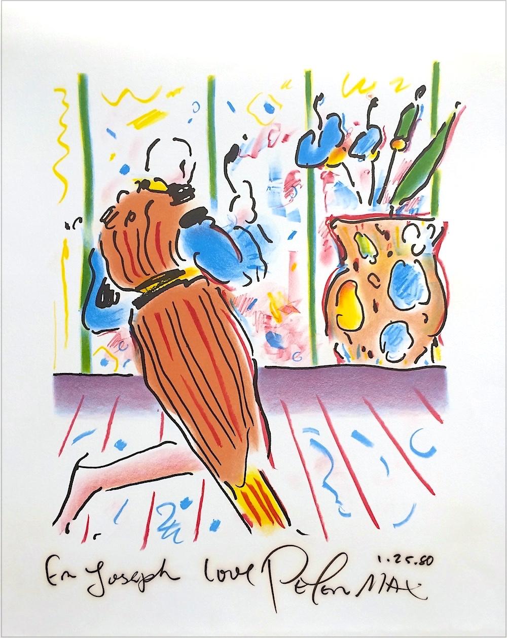 MONK AND VASE Signed Lithograph, Pop Art Interior, Striped Robe, Floor Vase - Print by Peter Max