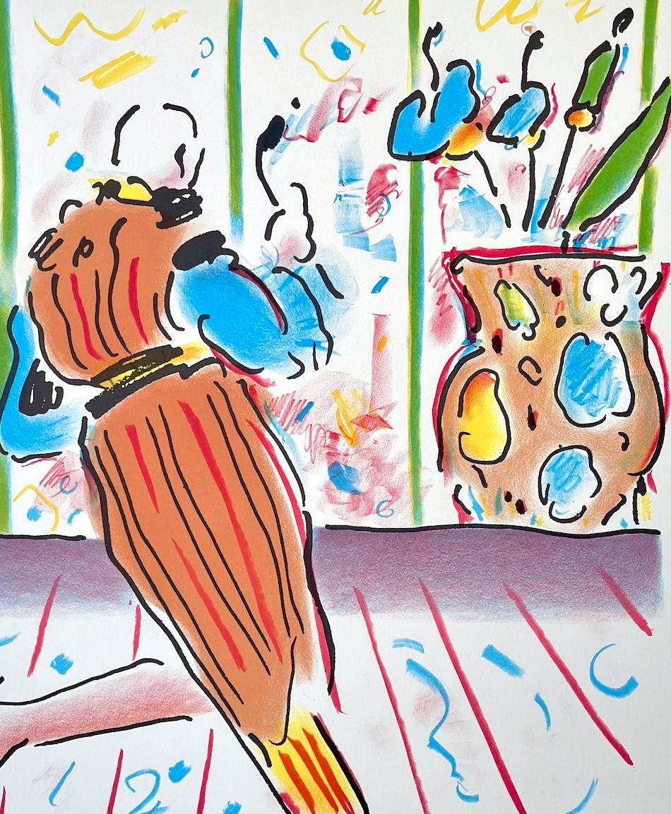 MONK AND VASE ist eine original handgezeichnete Lithografie des bekannten amerikanischen Pop-Künstlers Peter Max, die 1980 in einer Auflage von 165 Exemplaren in traditioneller Handlithografie-Technik auf 100% säurefreiem Somerset-Papier gedruckt