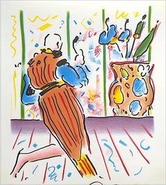 MONK AND VASE Signed Lithograph, Pop Art Interior, Striped Robe, Floor Vase