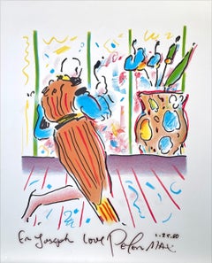MONK AND VASE Signierte Lithographie, Pop-Art-Interieur, gestreifter Robe, Bodenvase