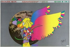 Lithographie psychédélique vintage Moon Landing signée d'origine:: 1969