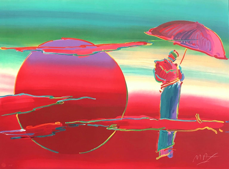 Peter Max Figurative Print - NEW MOON Signed Lithograph, Red Moon, Clouds, Monk, Umbrella, Meditation