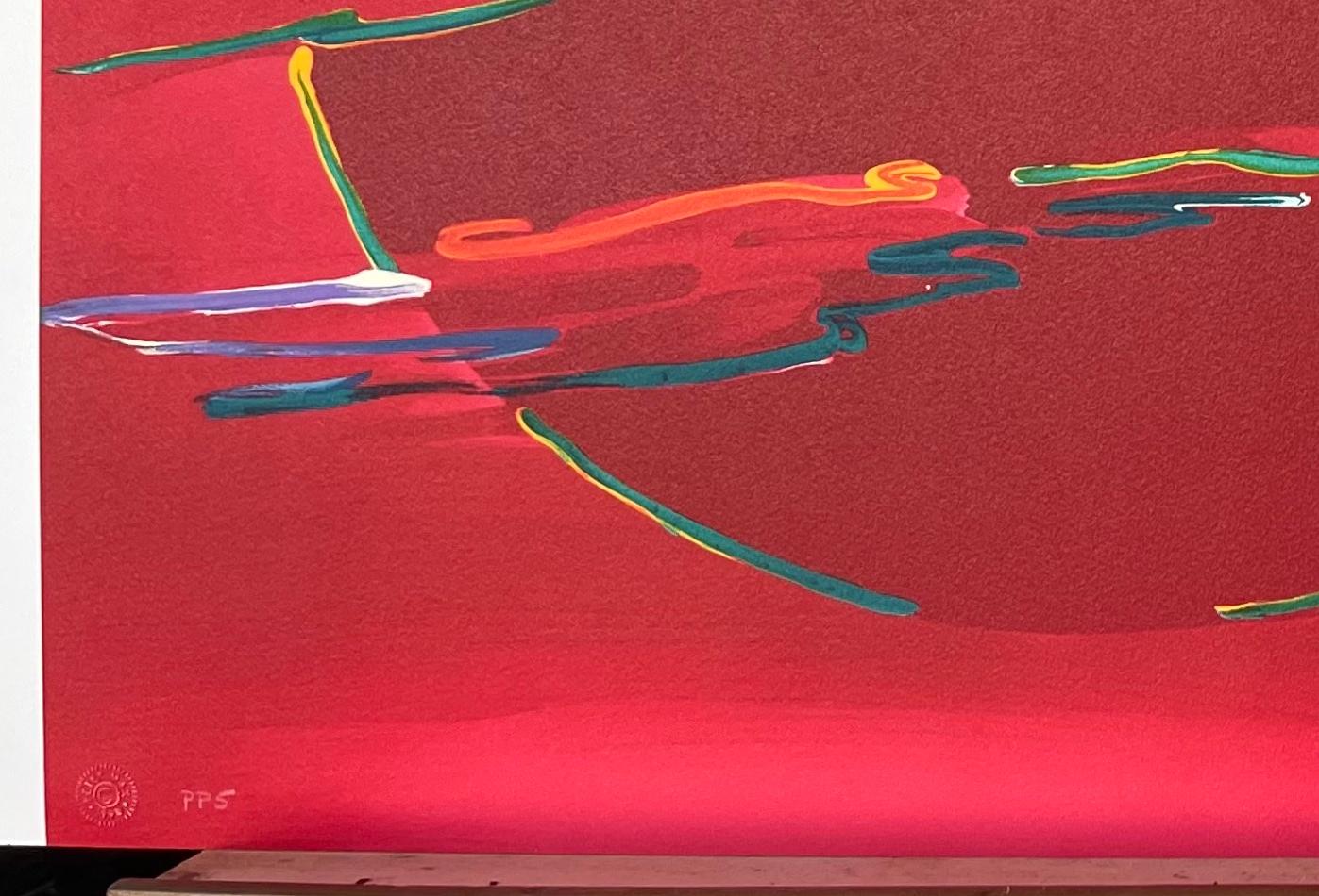 NEW MOON Litografia firmata, Luna rossa, monaco zen, ombrello, meditazione - Landscape Print Rosso di Peter Max