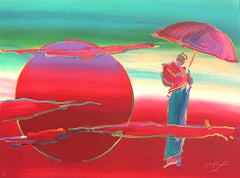 Vintage NEW MOON Signed Lithograph, Red Moon, Clouds, Zen Monk, Umbrella, Meditation