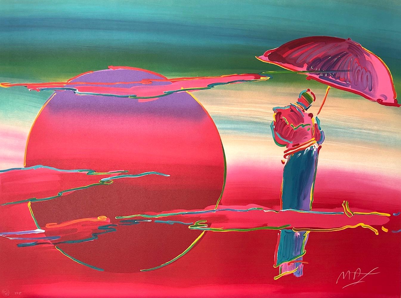Landscape Print di Peter Max - NEW MOON Litografia firmata, Luna rossa, monaco zen, ombrello, meditazione