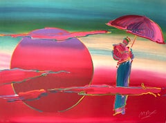 NEW MOON Signed Lithograph, Red Moon, Zen Monk, Umbrella, Meditation
