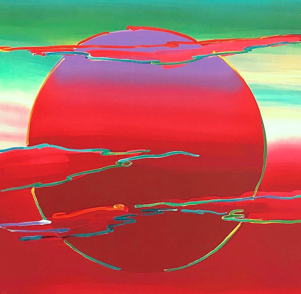 NEW MOON Litografia firmata, Luna rossa, monaco zen, ombrello, meditazione - Print di Peter Max