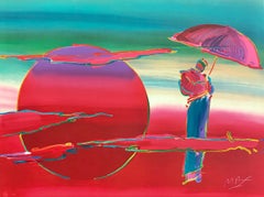 NEW MOON Signed Lithograph, Red Moon, Zen Monk, Umbrella, Meditation