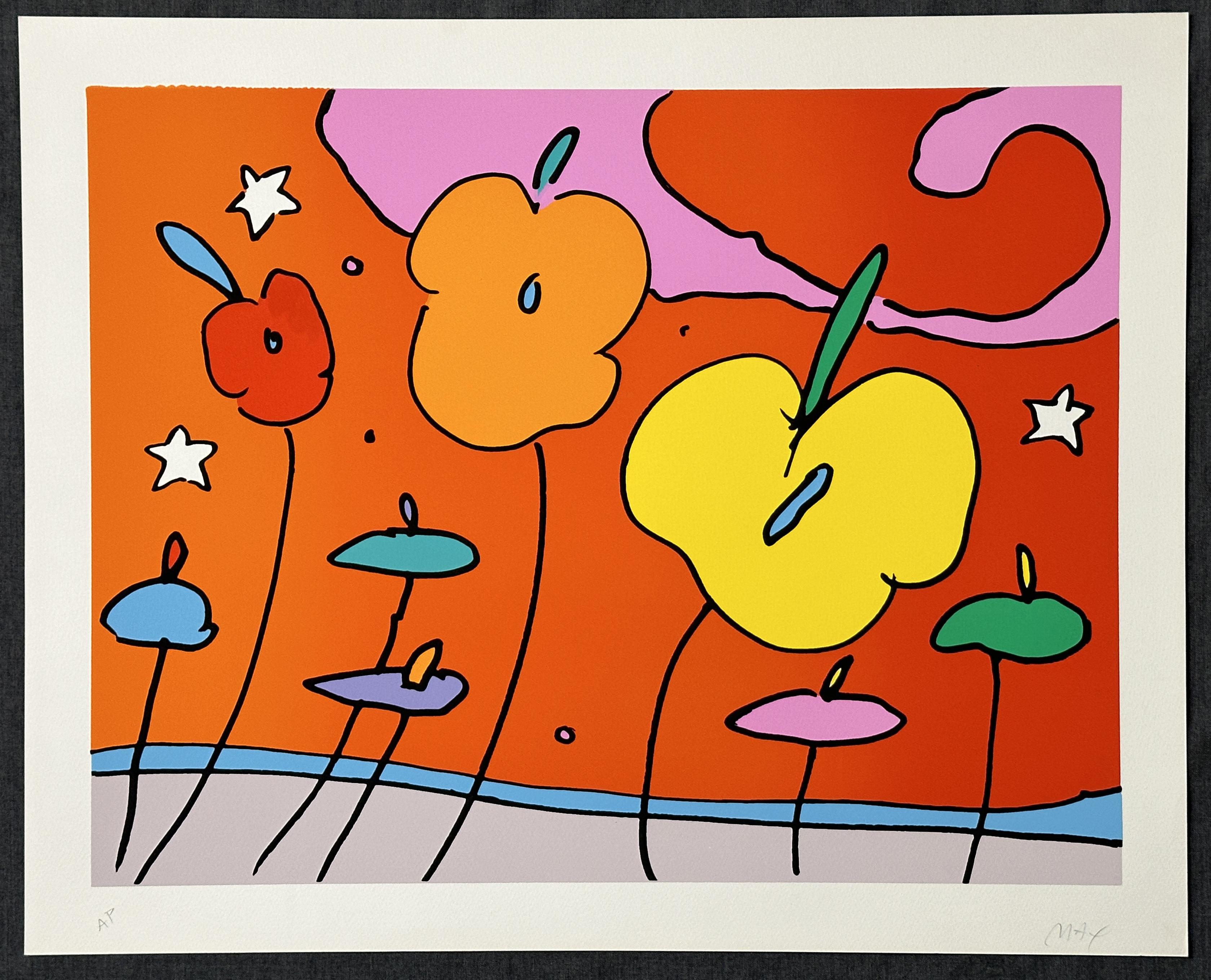 Night Flowers 1977 Signed Limited Edition Screen Print - Orange Landscape Print by Peter Max