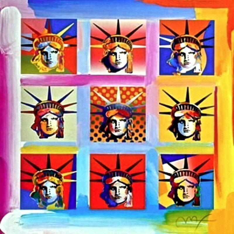 Artist: Peter Max (1937)
Title: Nine Liberties
Year: 2004
Edition: 300, plus proofs
Medium: Lithograph on Lustro Saxony paper
Size: 24 x 24 inches
Condition: Excellent
Inscription: Signed and numbered by the artist.
Notes: Published by Via