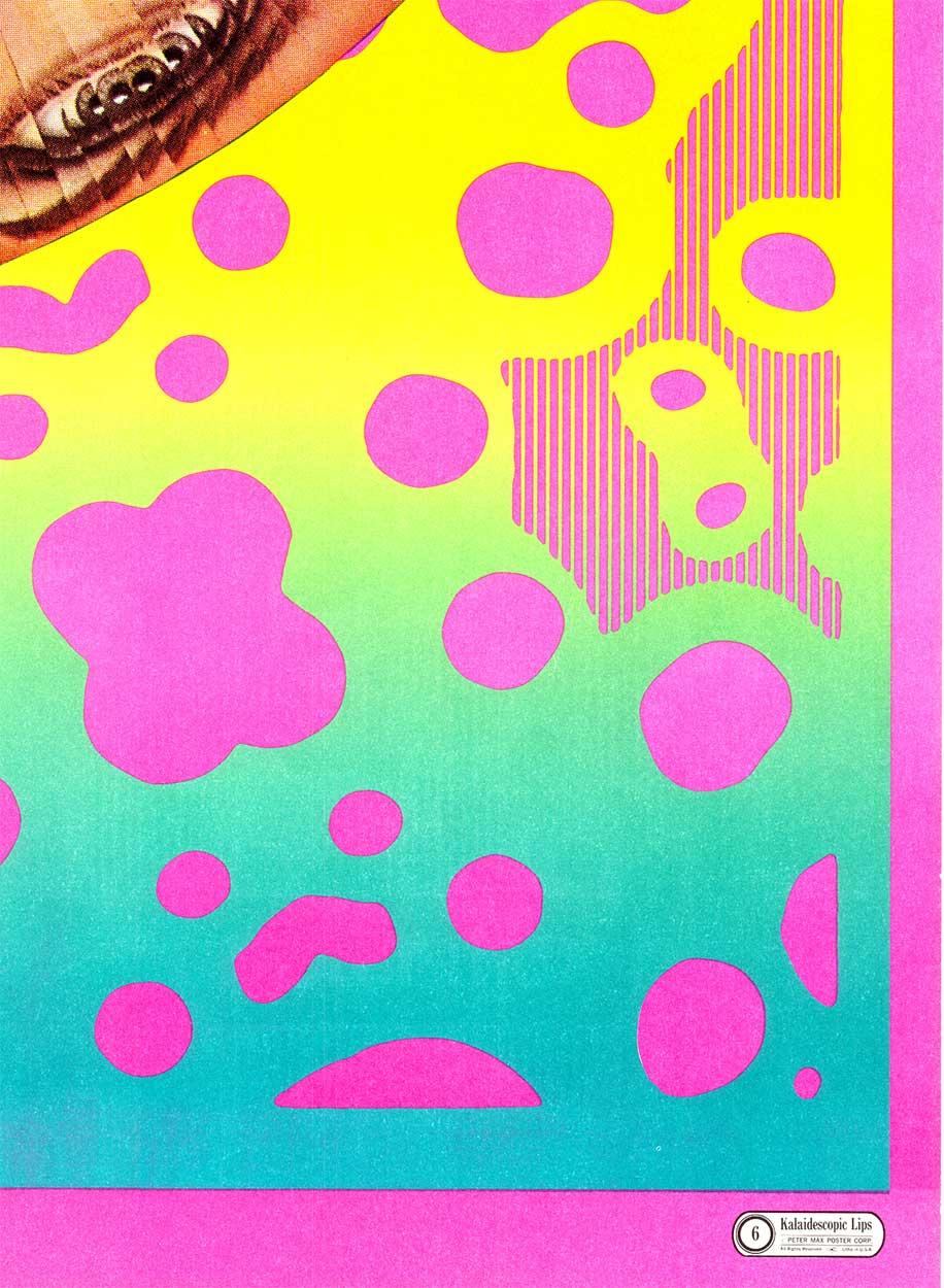 Kalaidoscopic Lips #6 poster originale del 1967 di Peter Max.  Condizioni di grado A-.   L'angolo inferiore destro è stato piegato, ma non ci sono perdite di carta e i colori sono ottimi.   Non è mai stato visualizzato.

L'artista vende questo