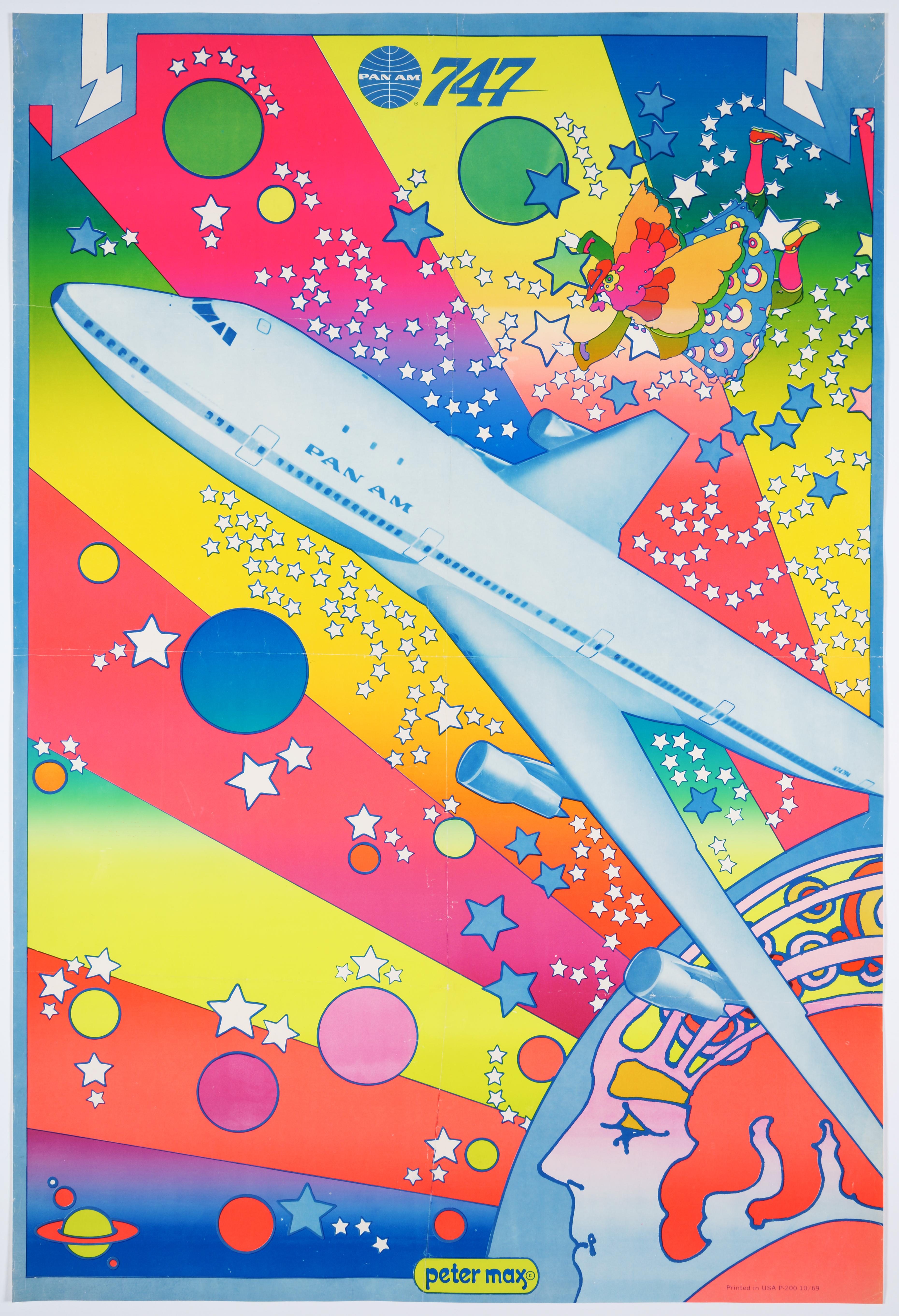 Peter Max Figurative Print - Original Vintage Airline Pop Art Poster – Pan Am, Boeing 747