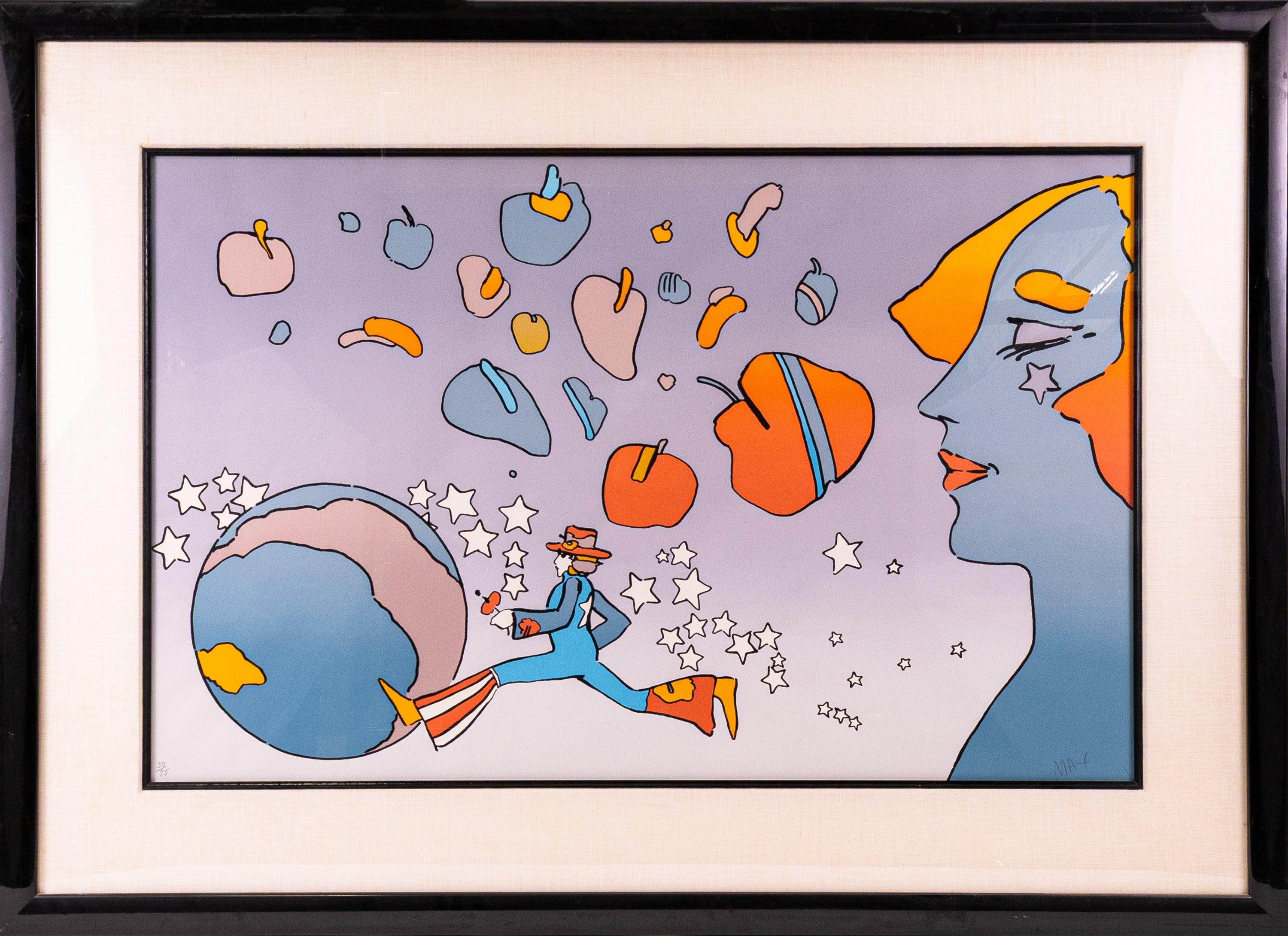 Artista: Peter Max
Titolo: 76 Jumper
Mezzo: Serigrafia a colori su carta
Dimensioni: 26" x 36.5"
Anno: 1975
Edizione: 30/75
Iscrizione: Firmato "Max" sulla parte anteriore inferiore

Vibrante e inconfondibilmente Max, "76 Jumper" esemplifica la