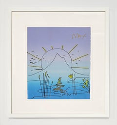 Peter Max Blue Mixed Media, Framed, Signed, 1990, Sailboat Sunrise