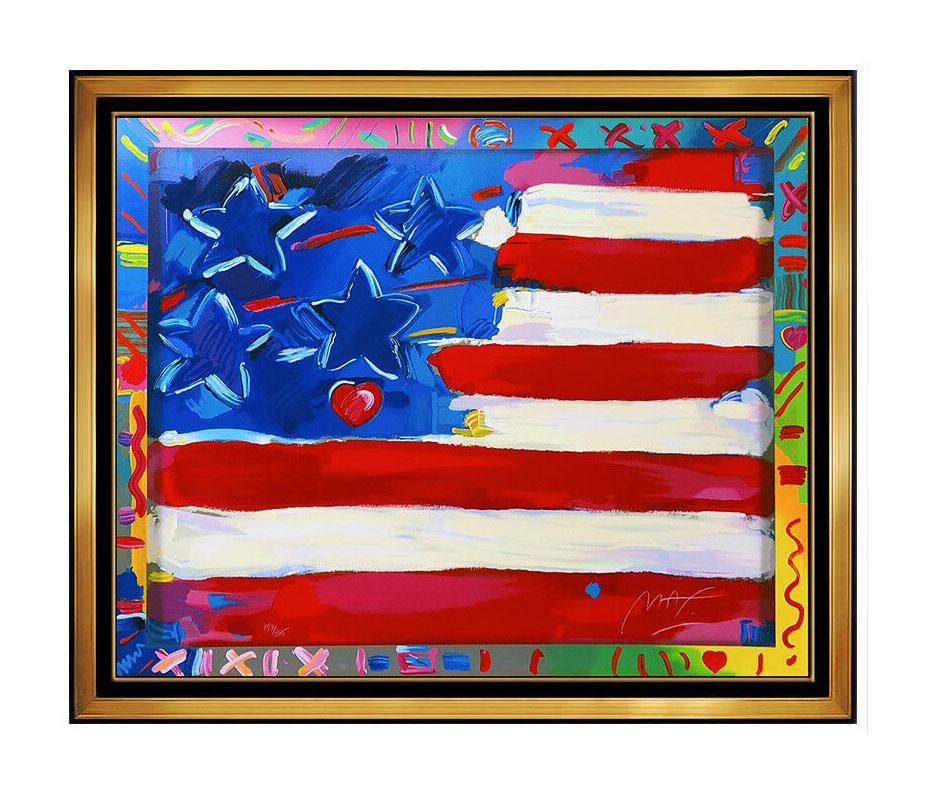 PETER MAX Flag With Heart Original Color Screenprint Large Hand Signed Artwork - Print by Peter Max