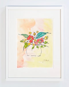 Peter Max Floral Mixed Media, Signed, Framed, Unique, 1990, Flower Vase