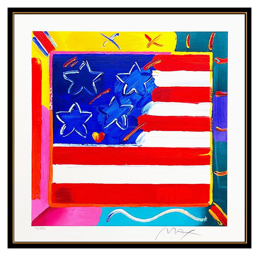Peter Max Large Flag With Heart Color Serigraph Hand Signed Pop Art Iconic Rare 2