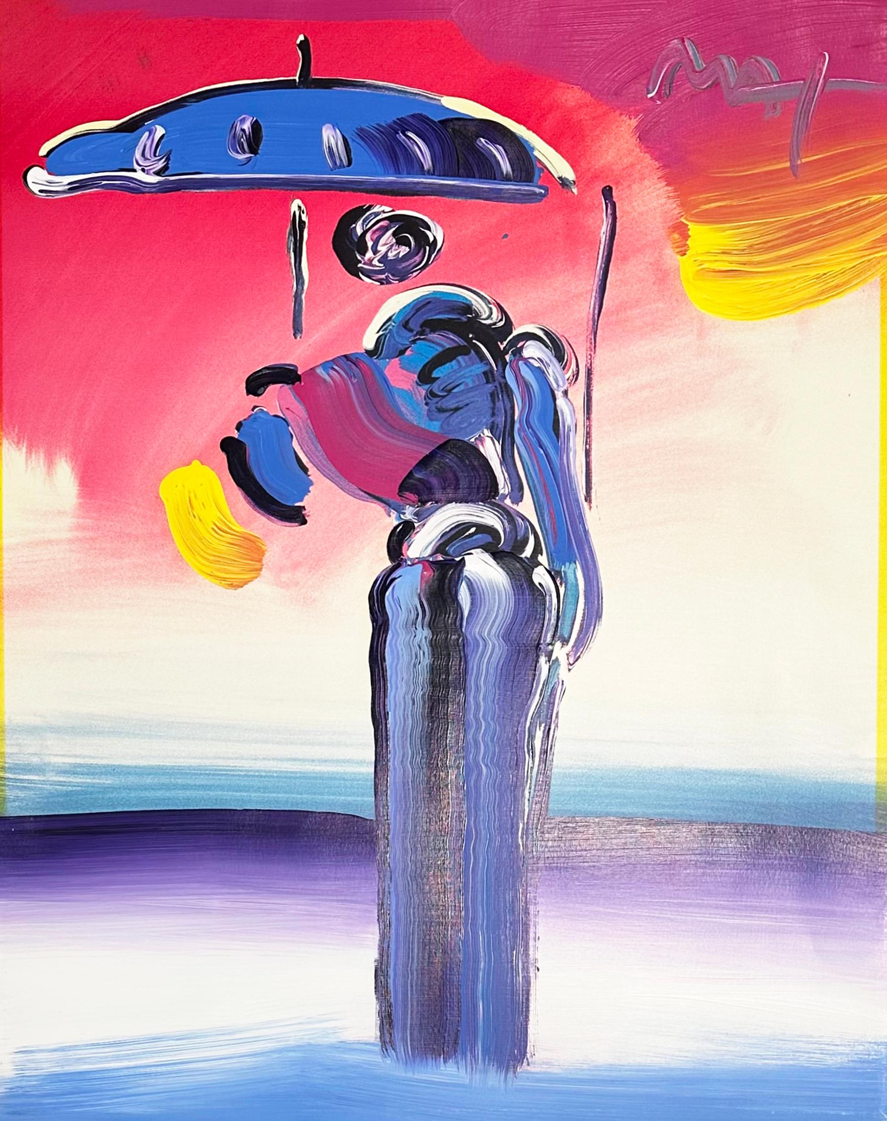 Peter Max Mischtechnik, signiert, gerahmt, Unikat, 2004, Regenschirm-Mann