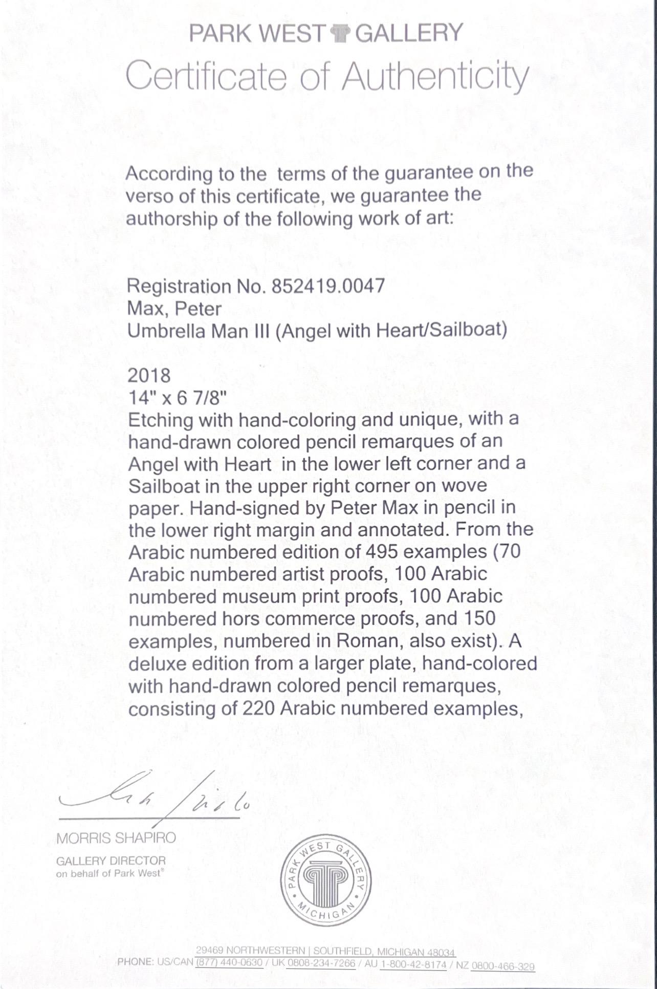 Peter Max Umbrella Man III (Angel with Heart/Sailboat) Hand Colored Etching 2018 For Sale 11