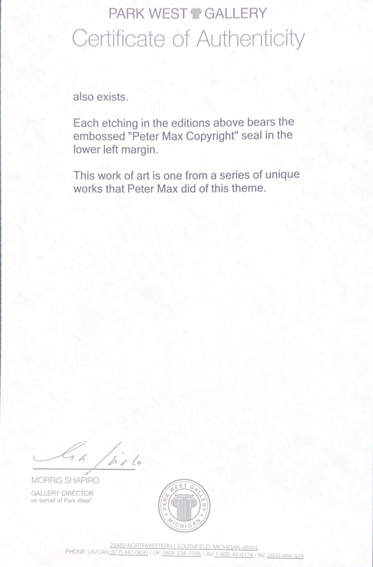 Peter Max Umbrella Man III (Angel with Heart/Sailboat) Hand Colored Etching 2018 For Sale 12