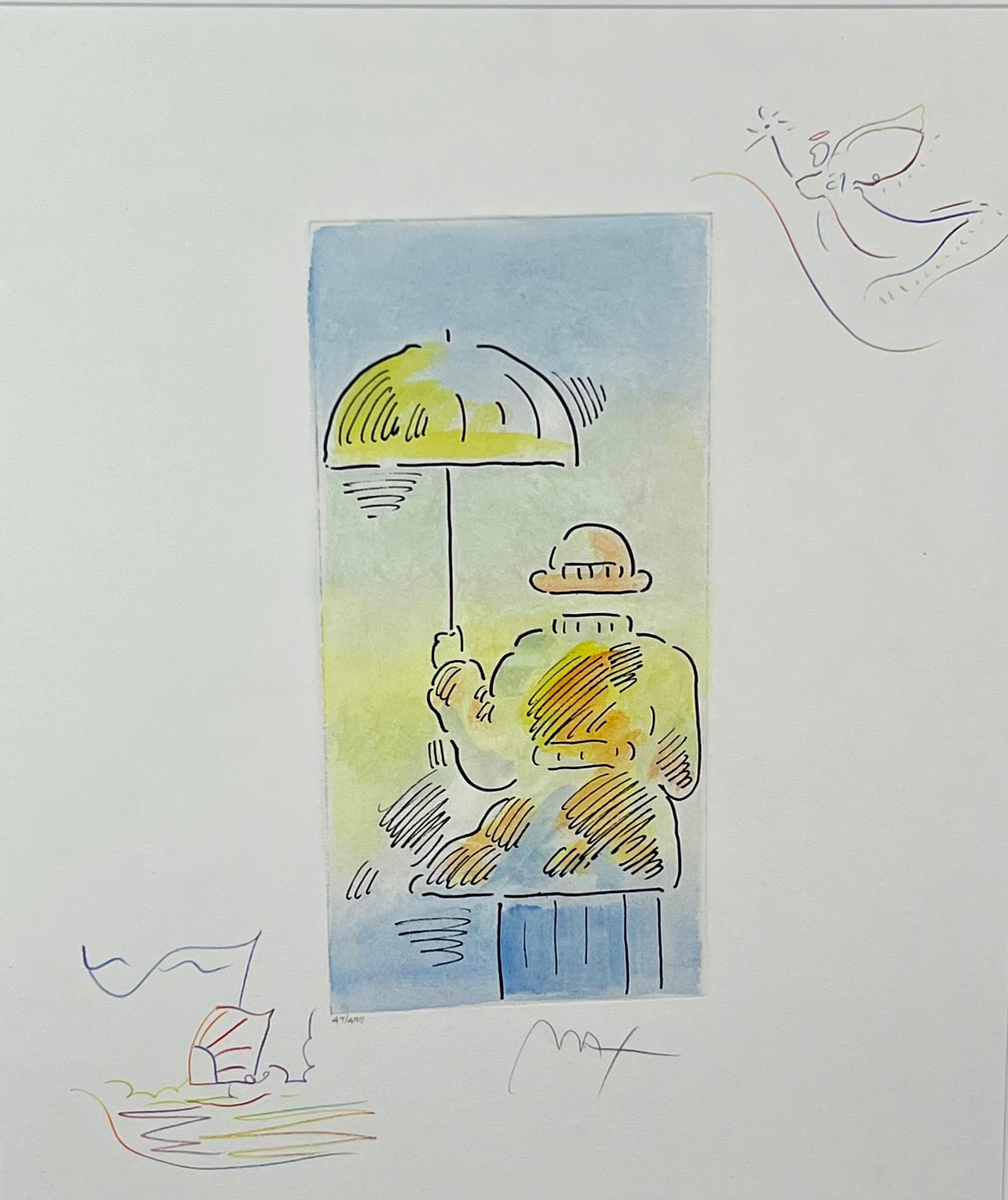 Peter Max Umbrella Man III (Angel with Heart/Sailboat) Hand Colored Etching 2018 For Sale 1