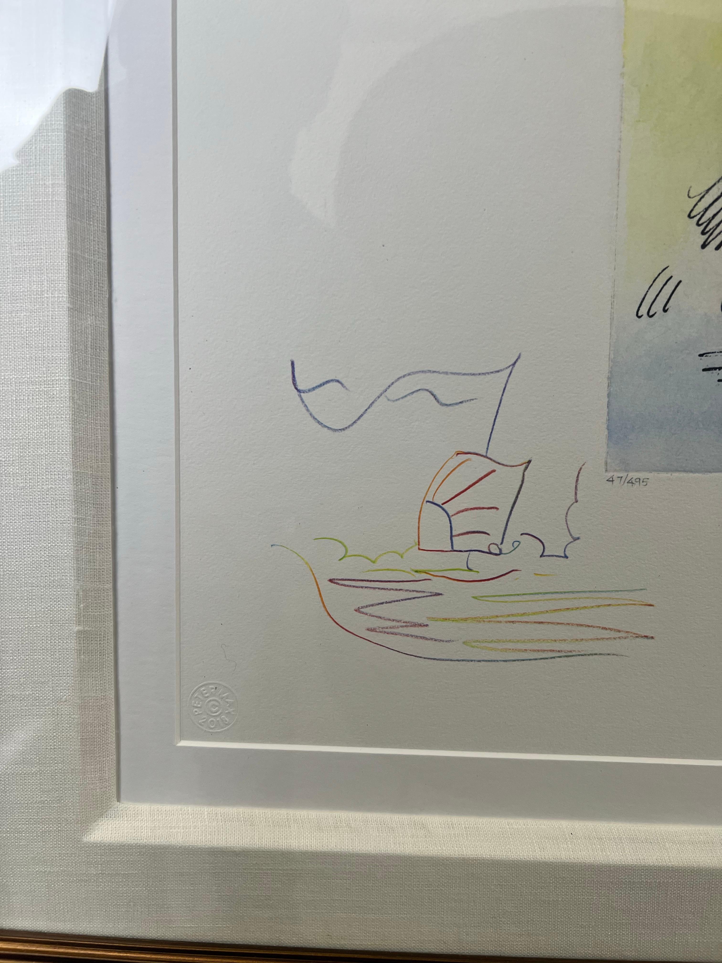 Peter Max Umbrella Man III (Angel with Heart/Sailboat) Hand Colored Etching 2018 For Sale 2