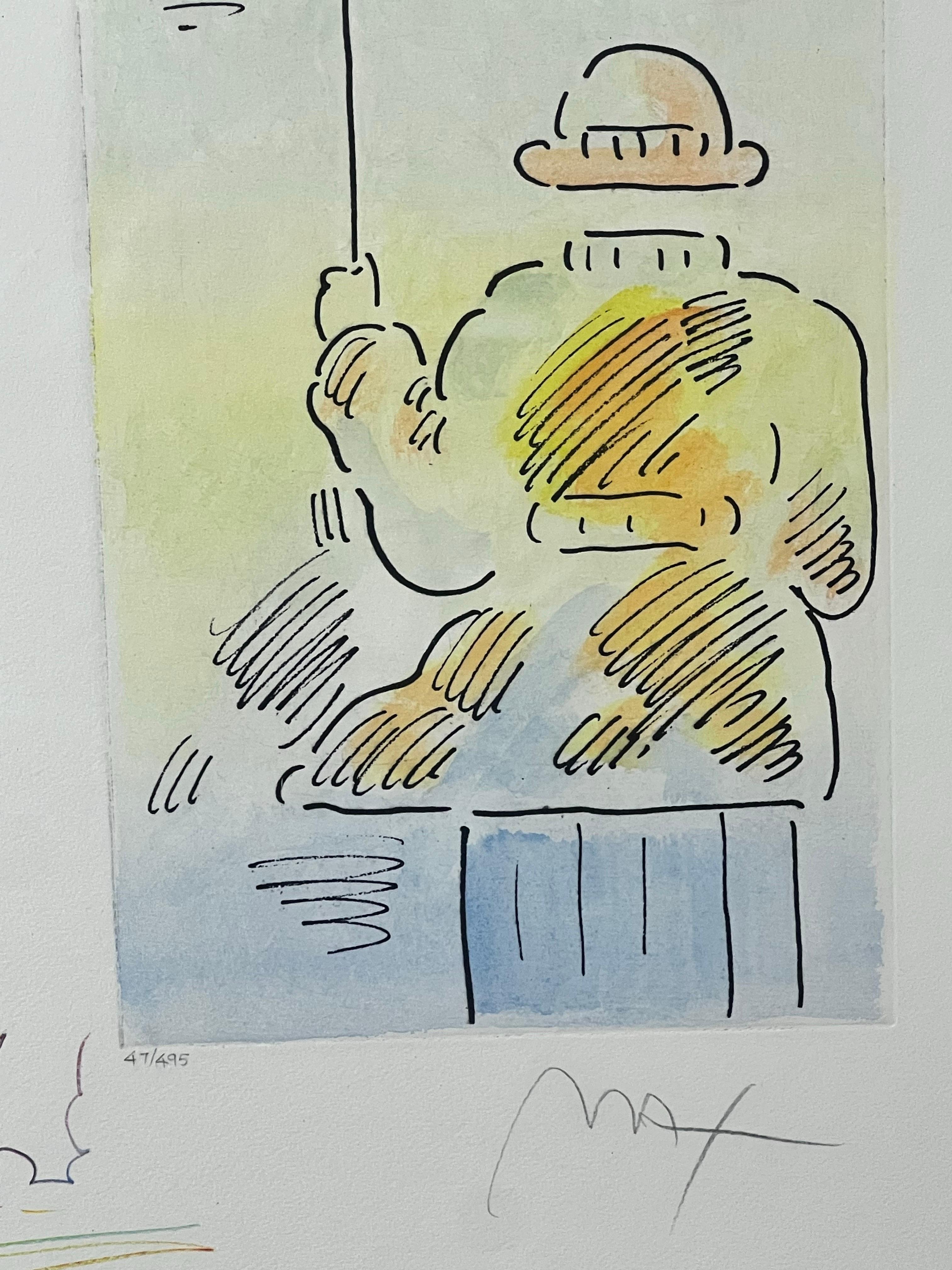 Peter Max Umbrella Man III (Angel with Heart/Sailboat) Hand Colored Etching 2018 For Sale 3