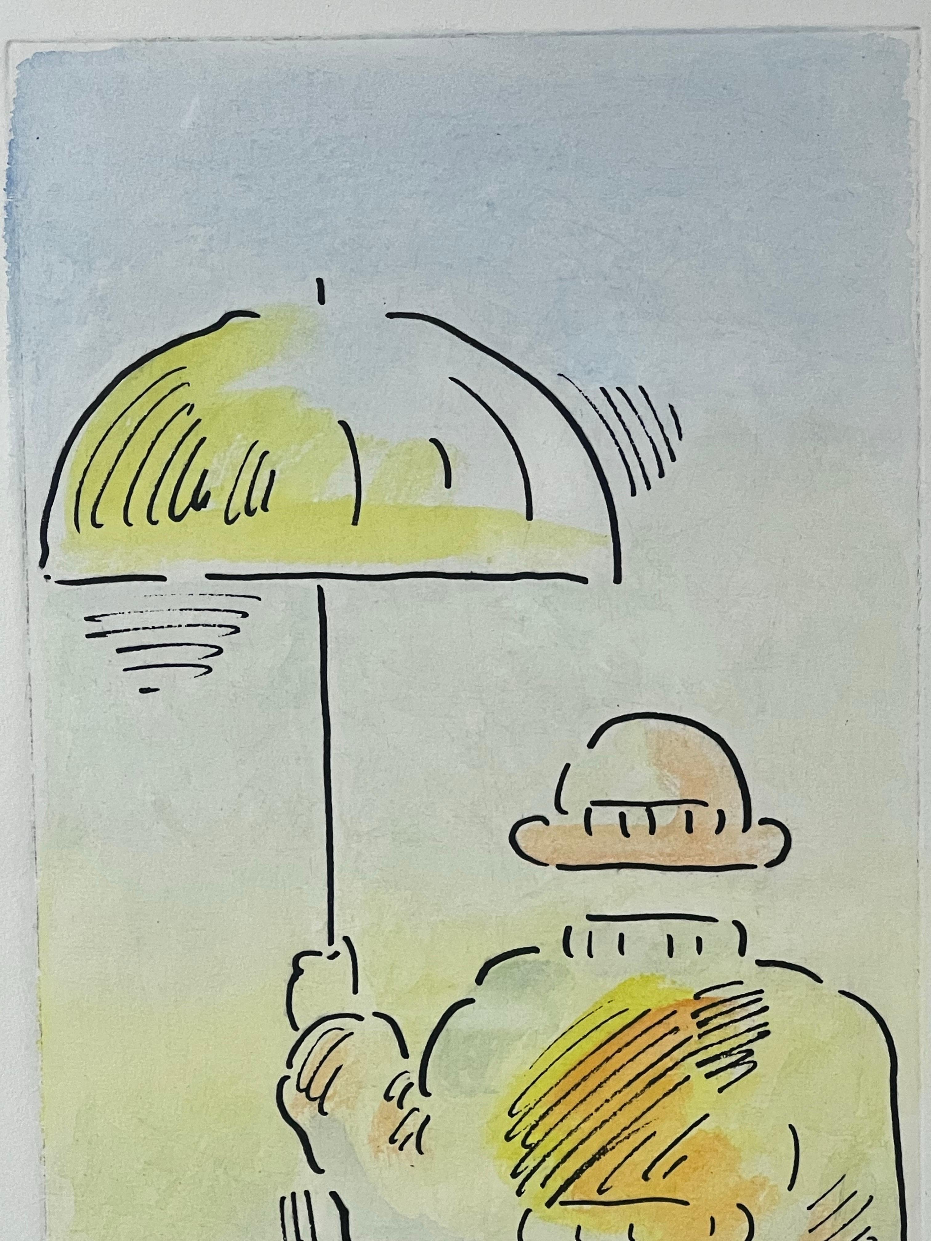 Peter Max Umbrella Man III (Angel with Heart/Sailboat) Hand Colored Etching 2018 For Sale 4