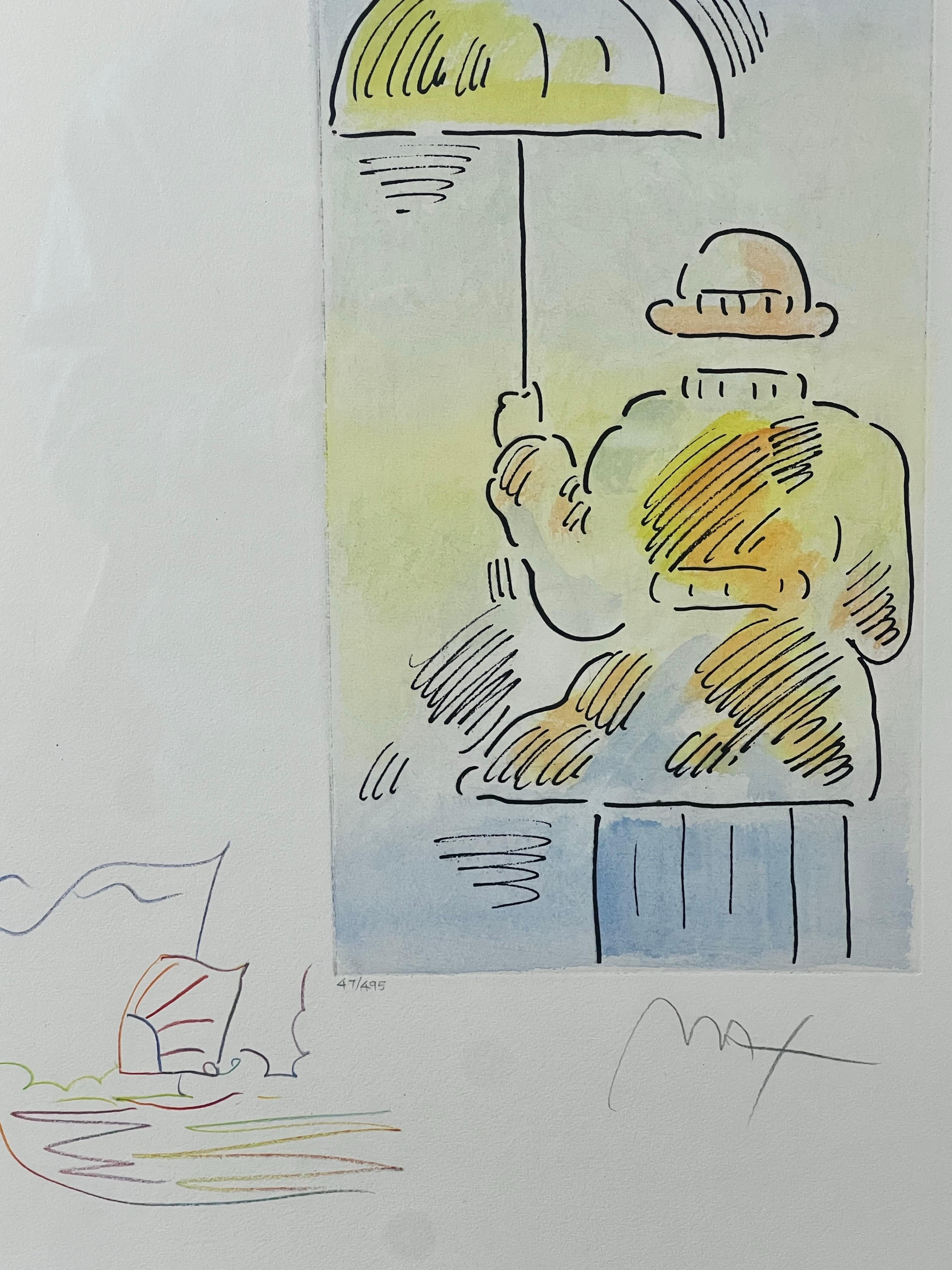 Peter Max Umbrella Man III (Angel with Heart/Sailboat) Hand Colored Etching 2018 For Sale 5