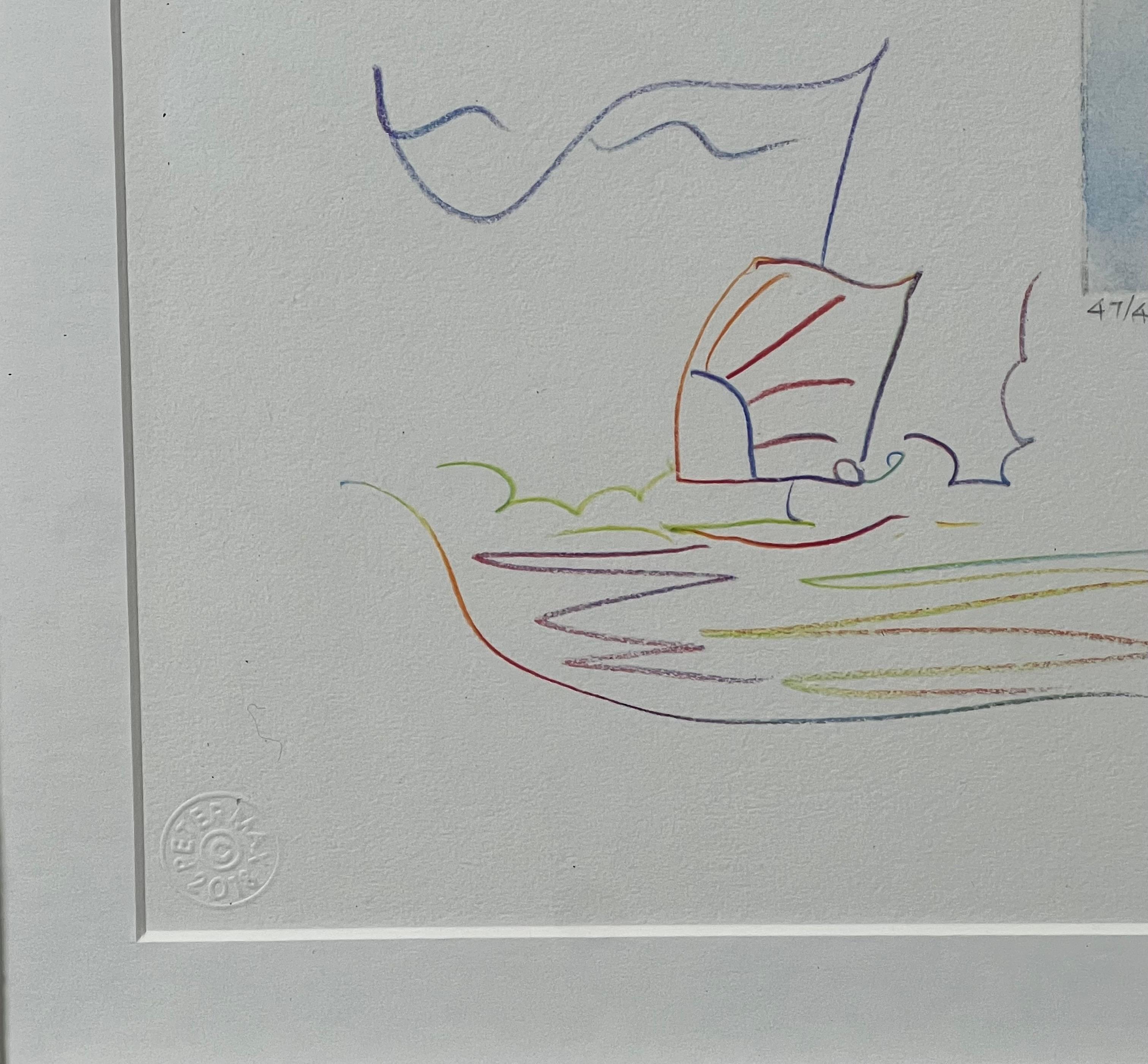Peter Max Umbrella Man III (Angel with Heart/Sailboat) Hand Colored Etching 2018 For Sale 6