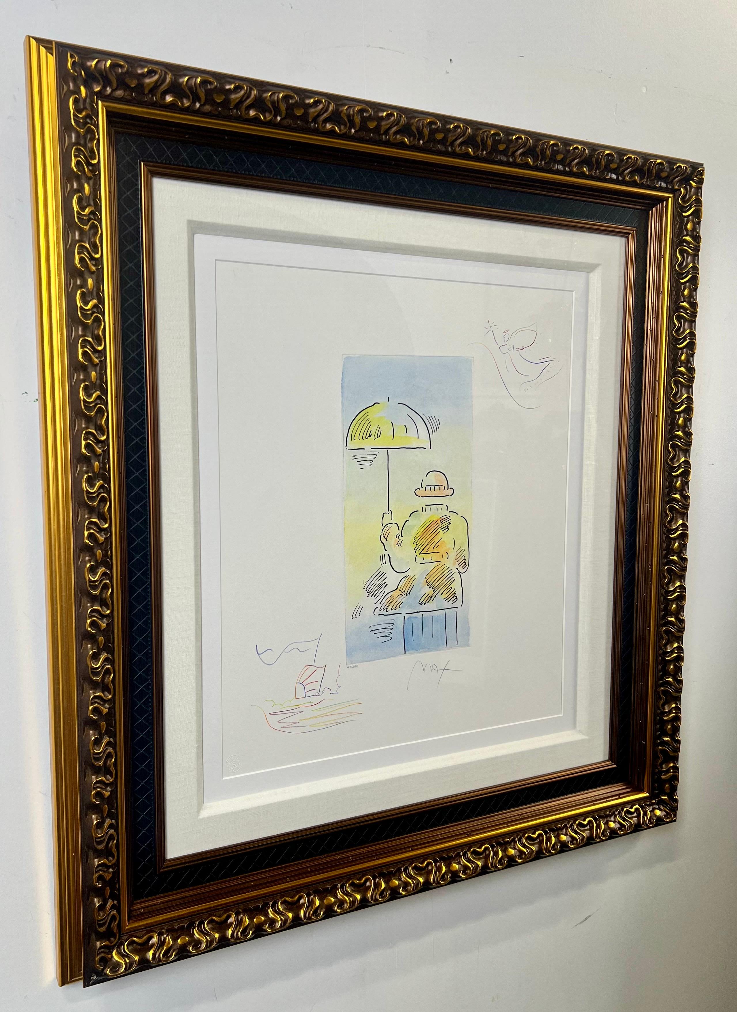 Peter Max Umbrella Man III (Angel with Heart/Sailboat) Hand Colored Etching 2018 For Sale 8