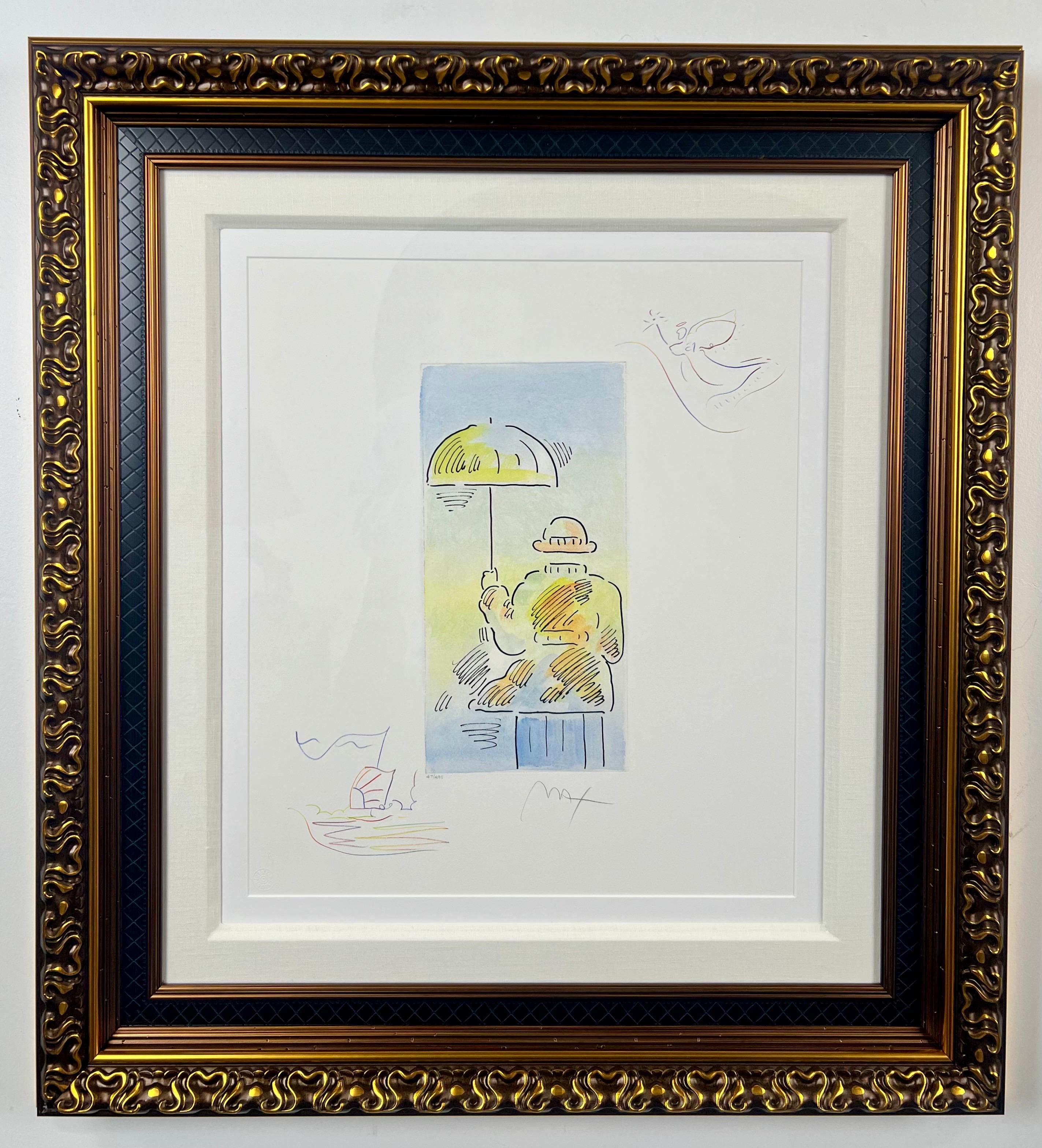 Peter Max Umbrella Man III (Angel with Heart/Sailboat) Hand Colored Etching 2018

A delightful and iconic work by legendary Pop artist Peter Max, Umbrella Man III (Angel with Heart/Sailboat) showcases the artist’s unmistakable blend of vibrant