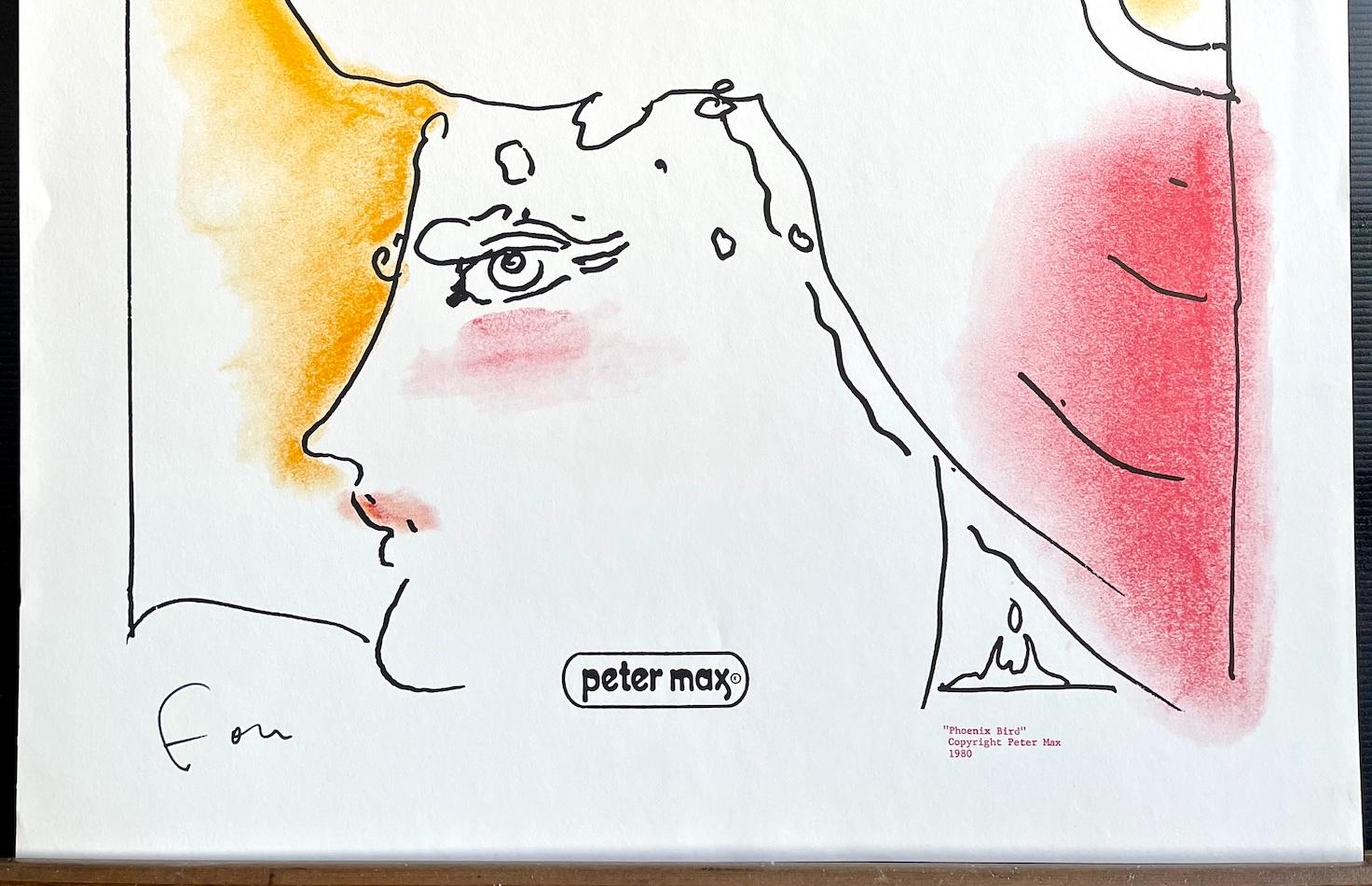 PHOENIX BIRD is a rarely seen fine art lithograph portrait print by the renowned American Pop artist, Peter Max. PHOENIX BIRD was printed using color offset lithography techniques on heavyweight paper, artist's logo trademark printed on lower image.