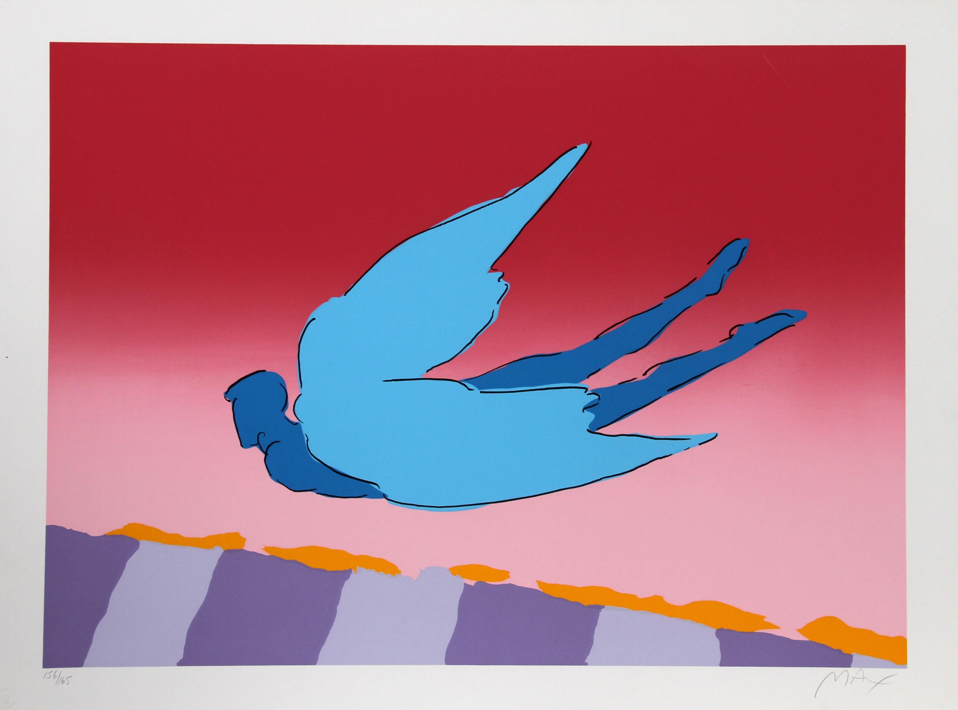 Peter Max, German/American (1937 - ) - Pink Sky Flyer, Year:  1981, Medium:  Screenprint on Arches, signed and numbered in pencil, Edition:  165, Image Size:  19 x 26 inches, Size:  22 in. x 30 in. (55.88 cm x 76.2 cm), Description:  In this