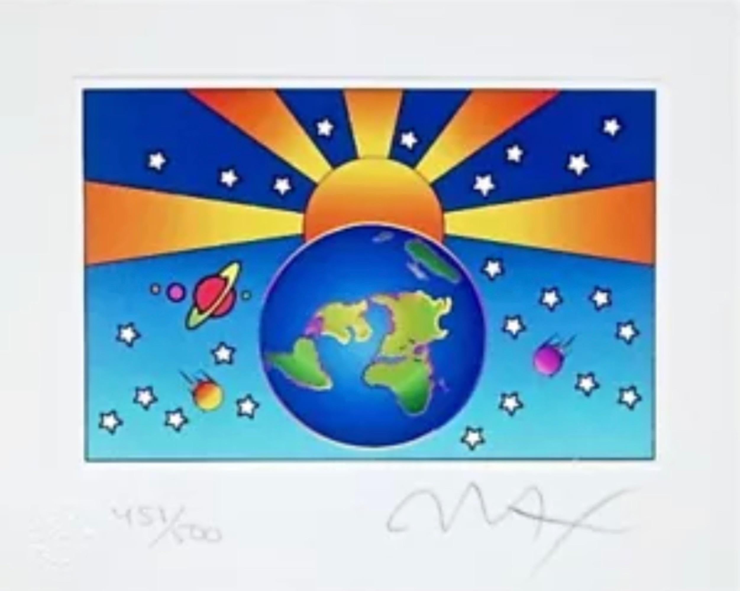 Artist: Peter Max (1937)
Title: Protect our Home, Version I
Year: 2002
Edition: 451/500, plus proofs
Medium: Lithograph on Lustro Saxony paper
Size: 5 x 6.25 inches
Condition: Excellent
Inscription: Signed and numbered by the artist.
Notes: