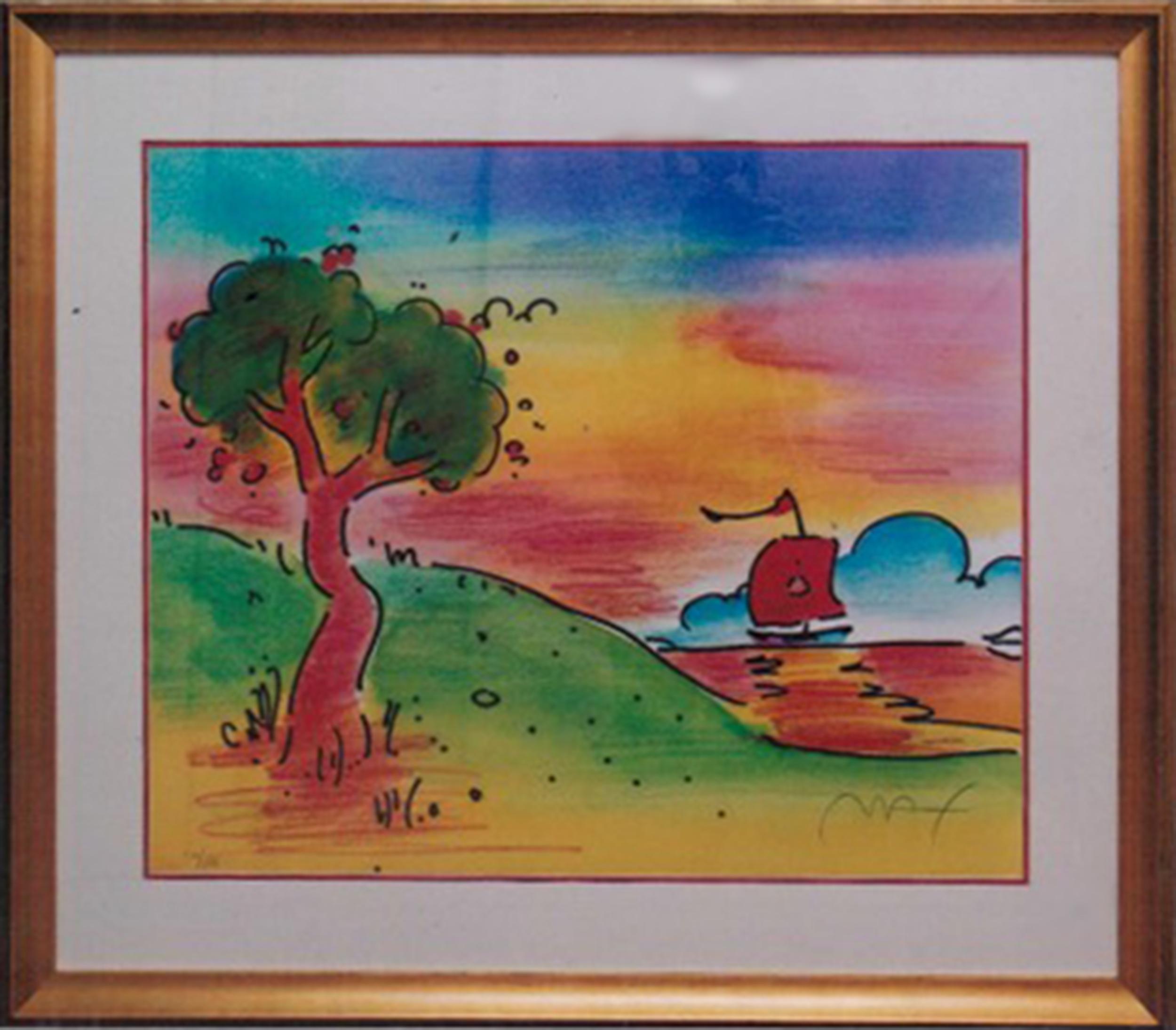 Peter Max is a psychedelic pop artist who used bright colors and child-like shapes to create whimsical and otherworldly images. This lithograph, signed and numbered in pencil, depicts a windy seaside with a large sunset.

Two Sages under the