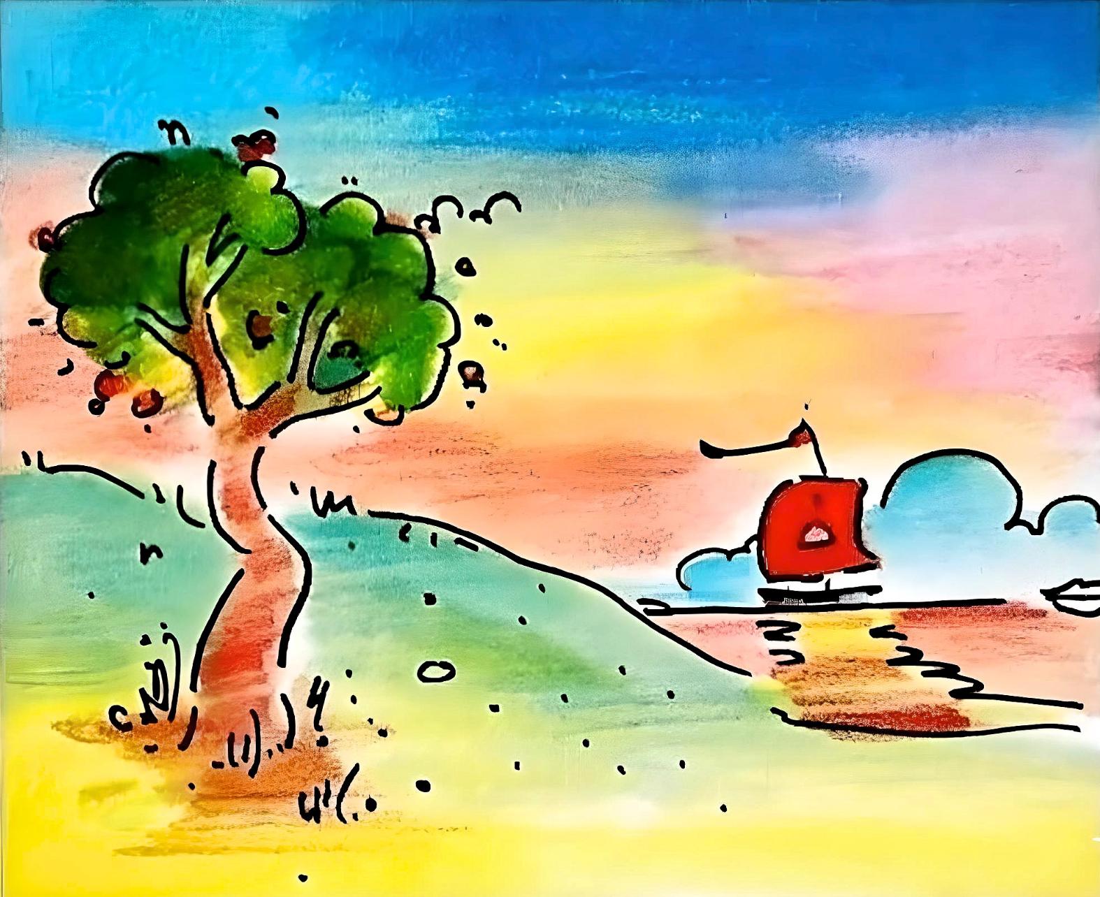 Artist: Peter Max (1937)
Title: Quiet Lake
Year: 2000
Edition: 306/500, plus proofs
Medium: Lithograph on Lustro Saxony paper
Size: 7.25 x 8.5 inches
Condition: Excellent
Inscription: Signed and numbered by the artist.
Notes: Published by Via Max.