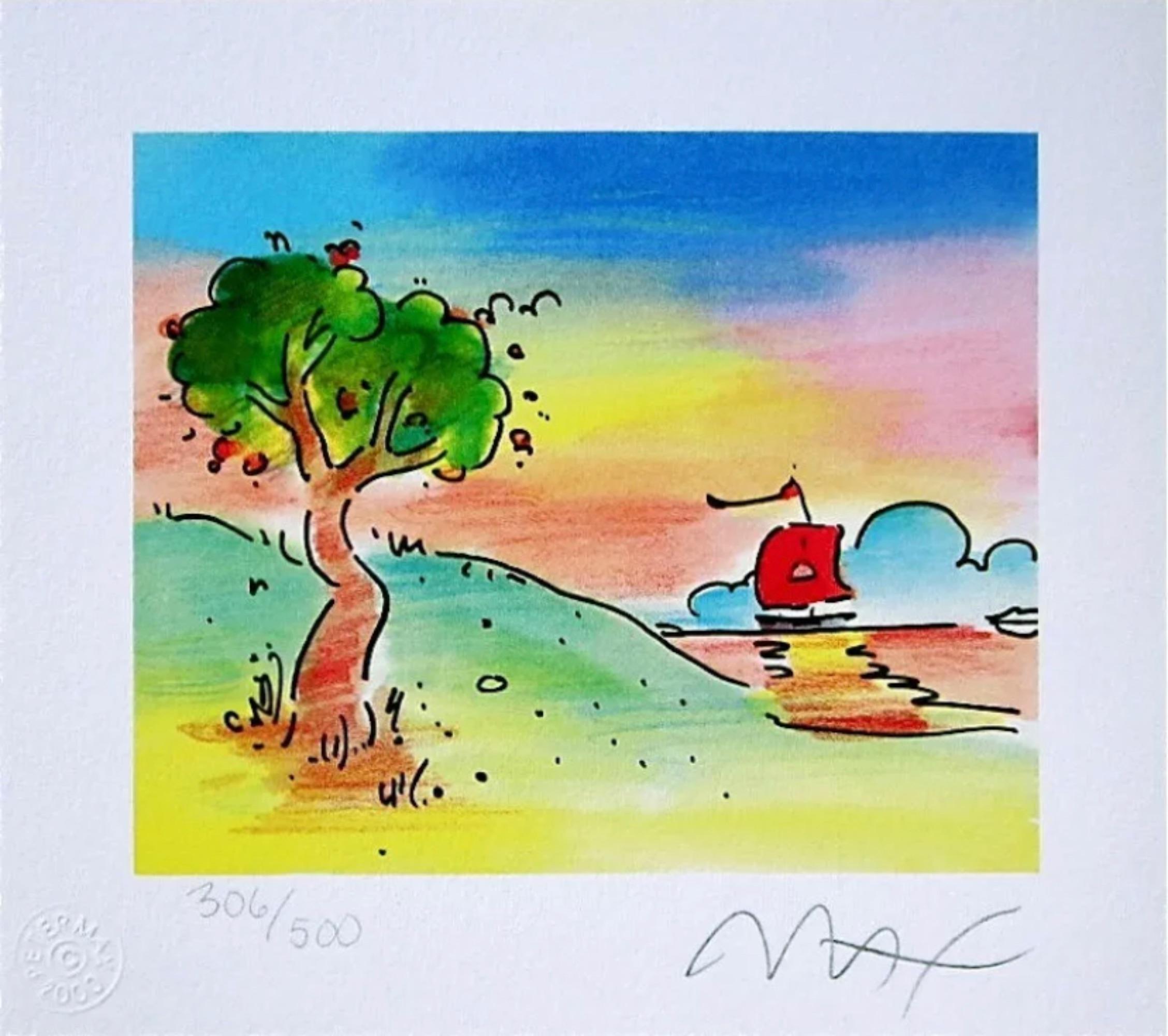 Artist: Peter Max (1937)
Title: Quiet Lake
Year: 2000
Edition: 500, plus proofs
Medium: Lithograph on Lustro Saxony paper
Size: 7.25 x 8.5 inches
Condition: Excellent
Inscription: Signed and numbered by the artist.
Notes: Published by Via