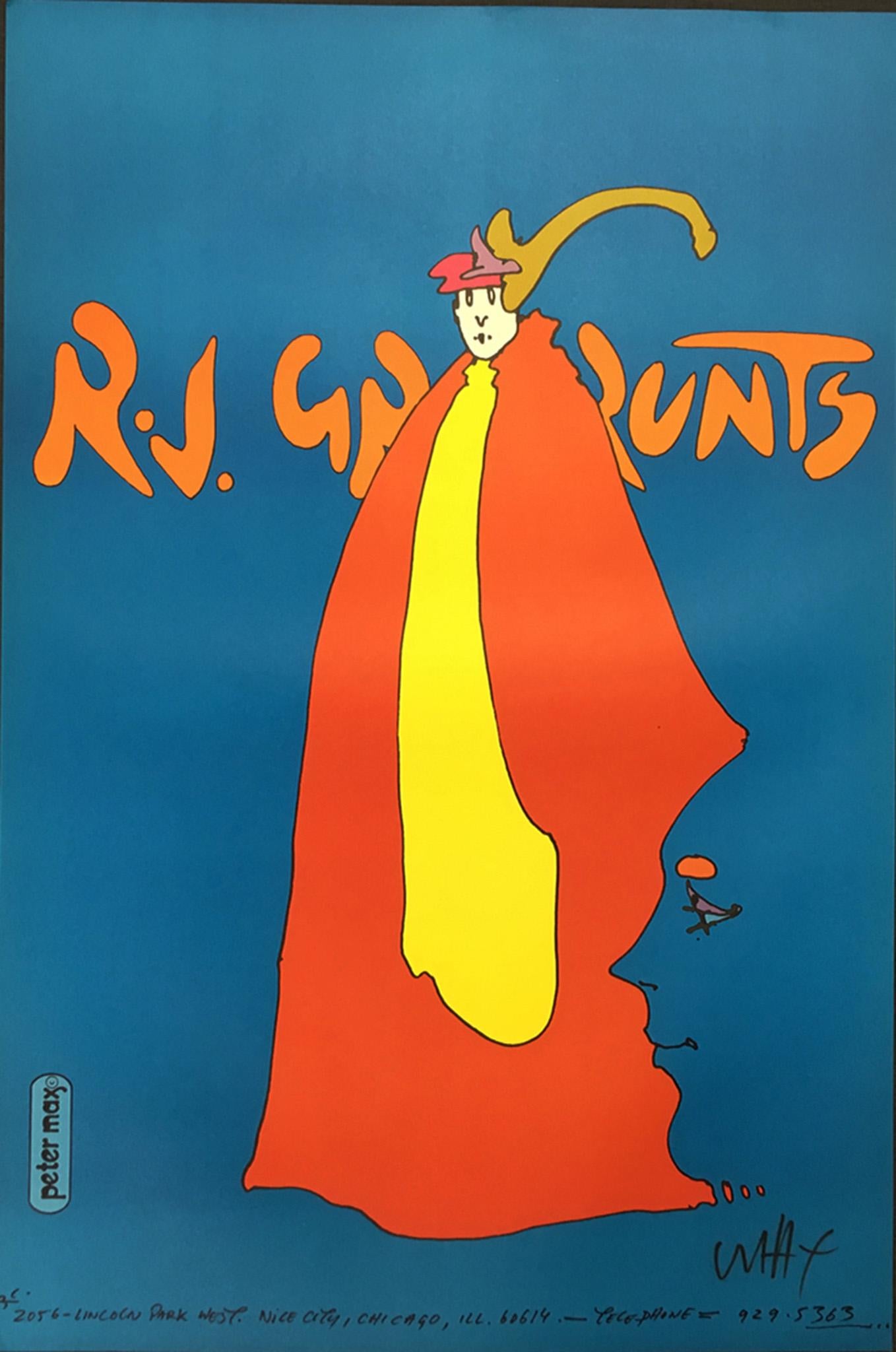 Artist: Peter Max
Title: R.J. Grunts
Year: 1971
Dimensions: 36in. by 24in.
Edition: From the limited edition
Medium: Offset lithograph on premium paper
Condition: Excellent
Signature Details: Hand signed by the artist.