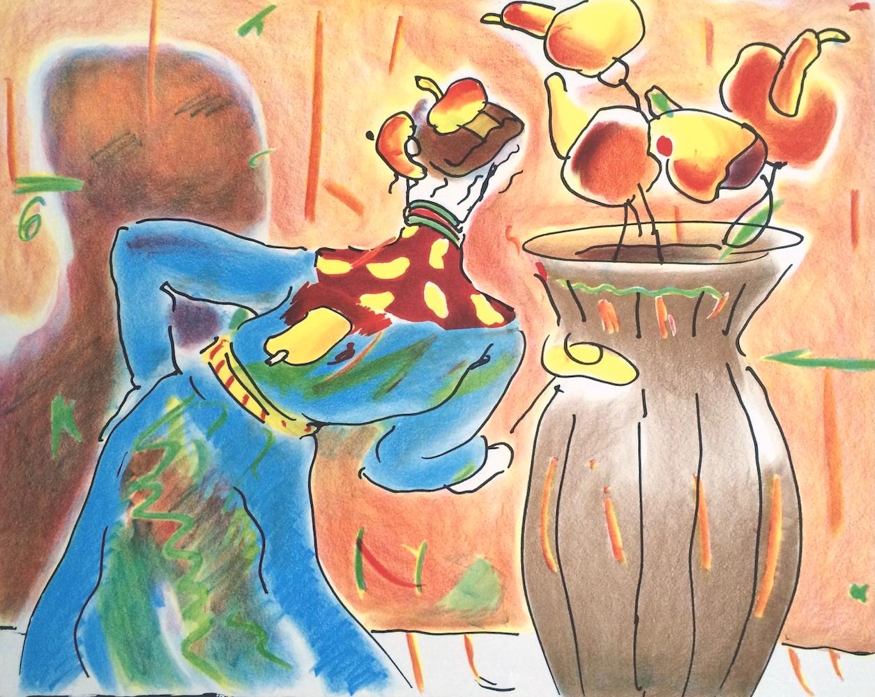 ROBED MAN AND VASE Signed Lithograph, Monk, Abstract Flowers, Fantasy Interior - Print by Peter Max