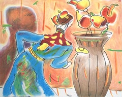 ROBED MAN AND VASE Signed Lithograph, Monk, Abstract Flowers, Fantasy Interior