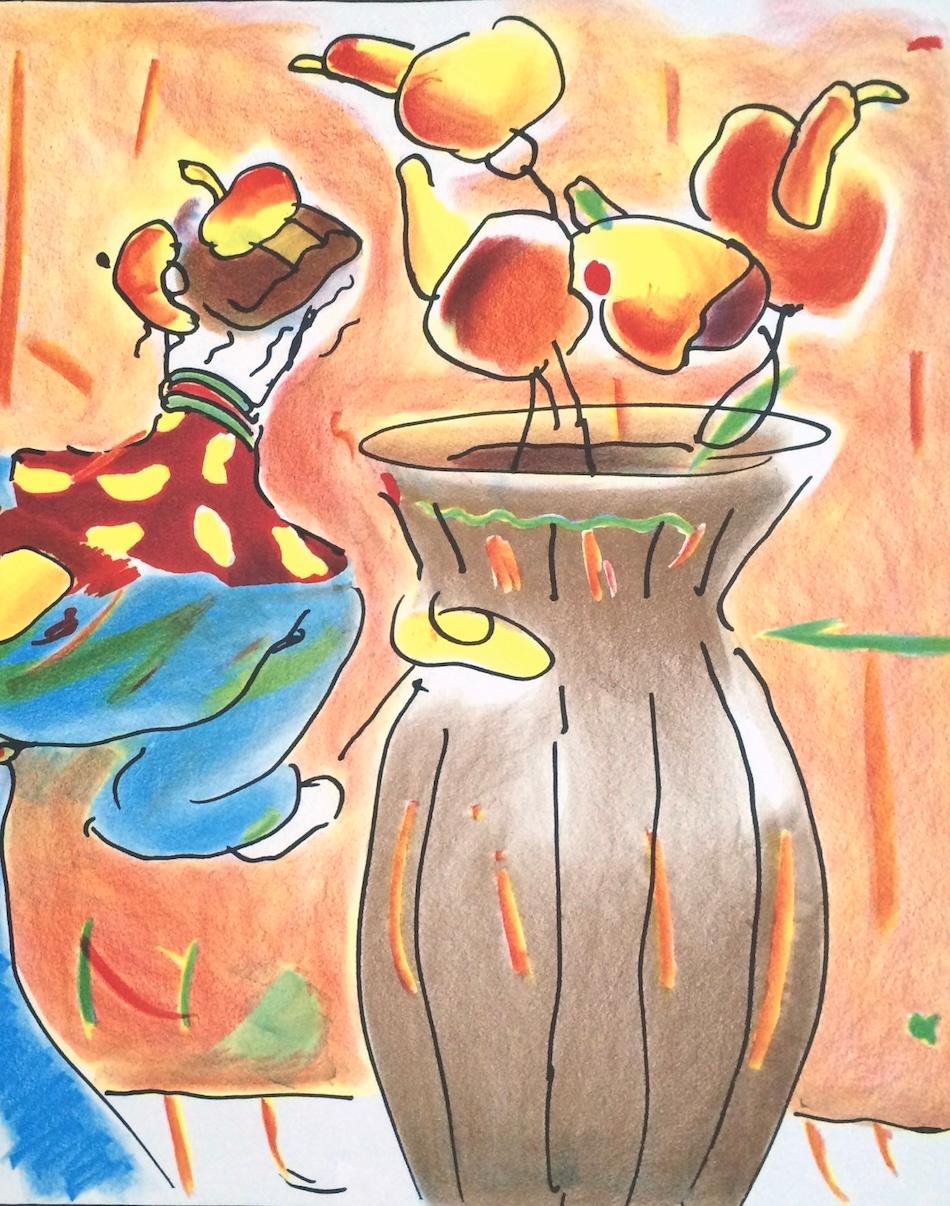 ROBED MAN AND VASE Signed Lithograph, Monk, Abstract Flowers, Fantasy Interior - Beige Portrait Print by Peter Max