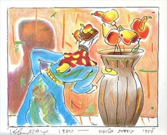 Lithographie signée ROBED MAN AND VASE, moine, fleurs abstraites, intérieur fantaisiste