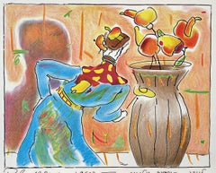 Lithographie signée ROBED MAN AND VASE, moine, fleurs abstraites, intérieur fantaisiste