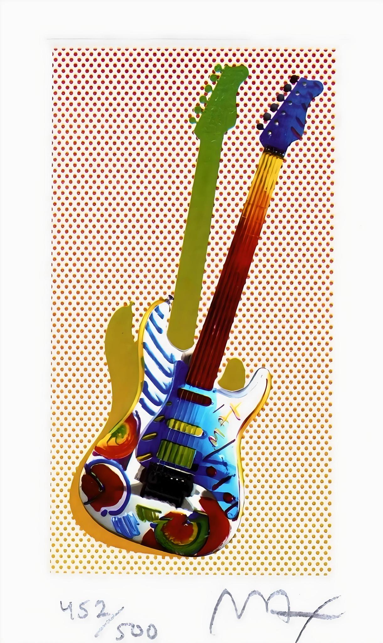 Artist: Peter Max (1937)
Title: Rock N' Roll Guitar I
Year: 2003
Edition: 452/500, plus proofs
Medium: Lithograph on Lustro Saxony paper
Size: 4.12 x 2.43 inches
Condition: Excellent
Inscription: Signed and numbered by the artist.
Notes: Published