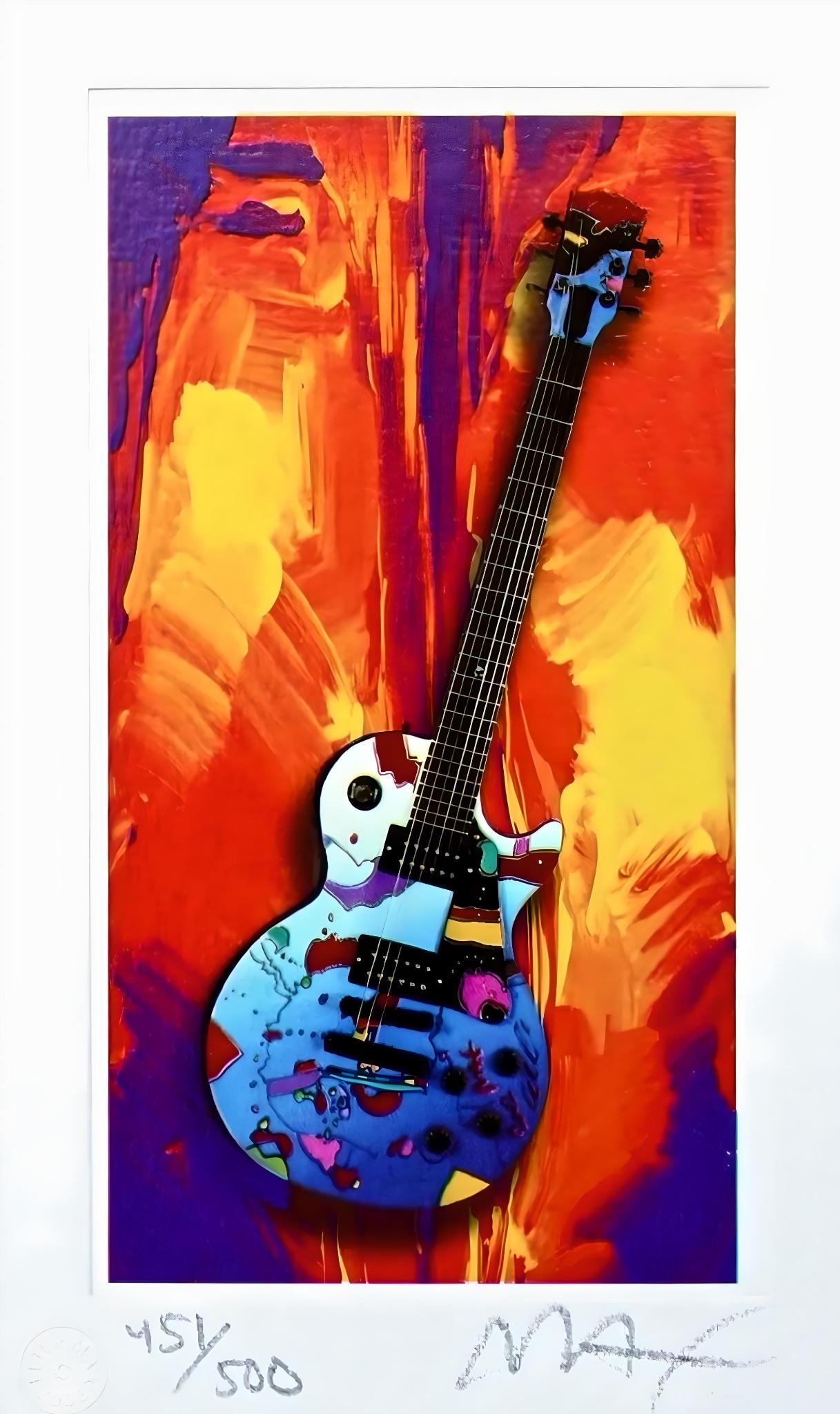 Artist: Peter Max (1937)
Title: Rock N' Roll Guitar III
Year: 2003
Edition: 451/500, plus proofs
Medium: Lithograph on Lustro Saxony paper
Size: 4.12 x 2.43 inches
Condition: Excellent
Inscription: Signed and numbered by the artist.
Notes: Published