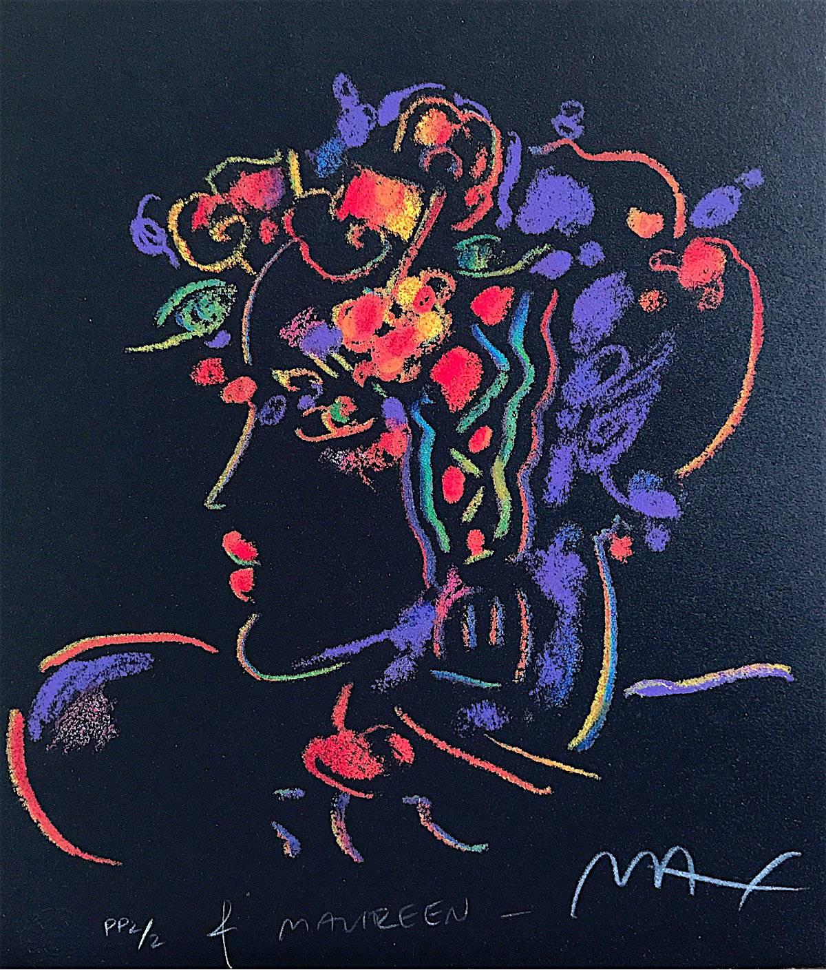 Peter Max Abstract Print - Romance Suite I: Lady, Signed Limited Edition, Fluorescent colors on Black