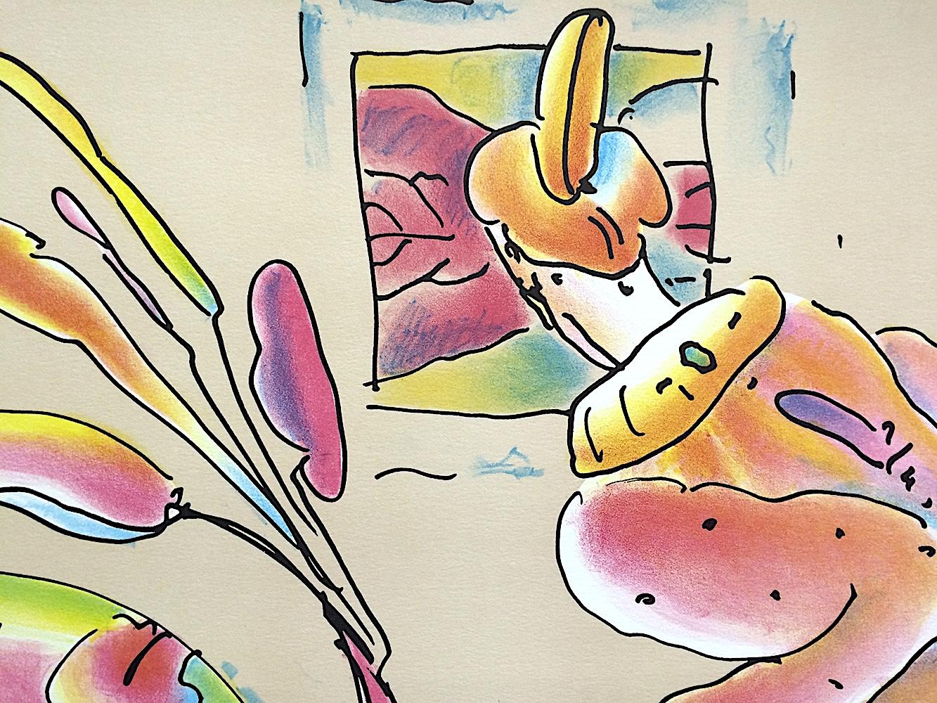 SAGE AT WINDOW Signed Lithograph, Robed Man, Cattails, Beige Room, Pop Art - Print by Peter Max