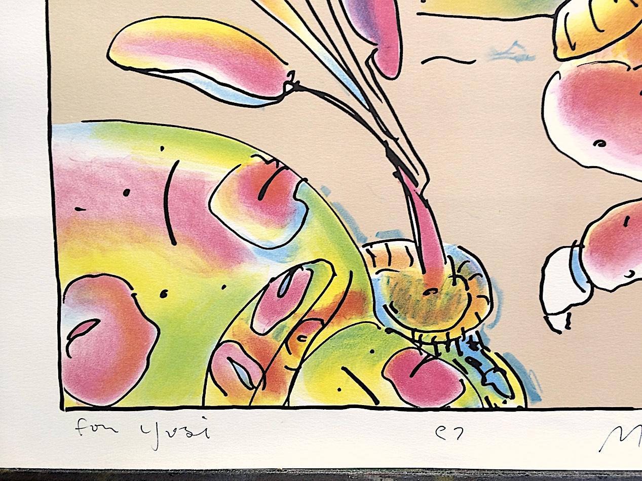 SAGE AT WINDOW is an original hand drawn lithograph by the renowned American Pop artist, Peter Max, printed in 1980 in an edition of 165, using traditional hand lithography techniques on archival Somerset paper, 100% acid free. SAGE AT WINDOW is a