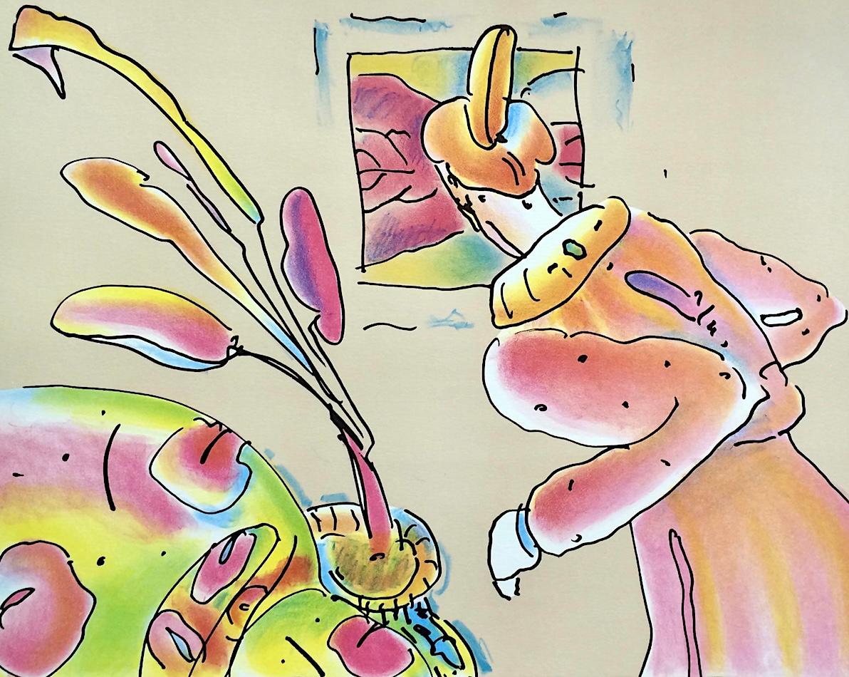 SAGE AT WINDOW Signed Lithograph, Robed Man, Cattails, Beige Room, Pop Art - Print by Peter Max